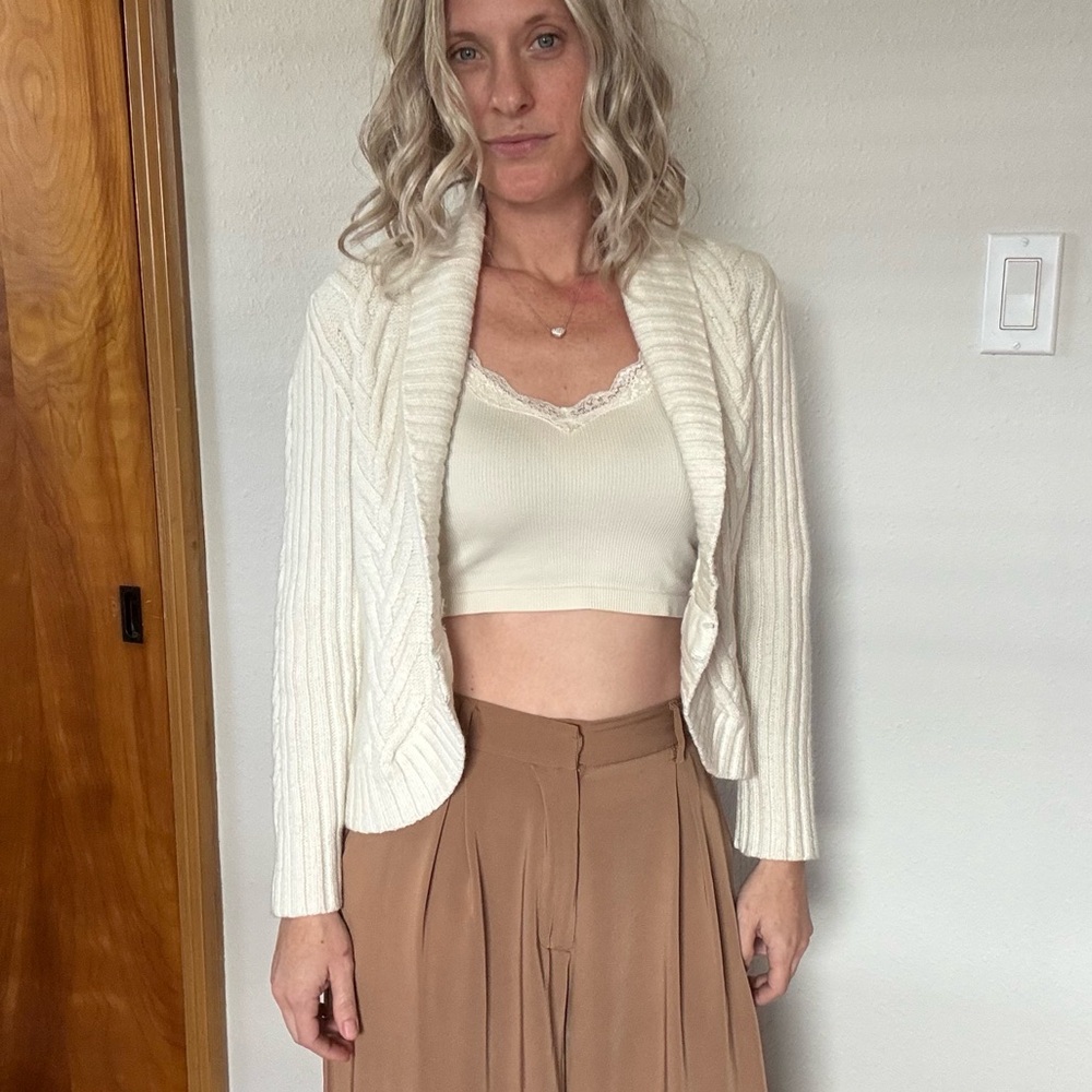 Vintage Casual Corner Women's Large Chunky Cable Knit Cardigan Sweater Cream 90s